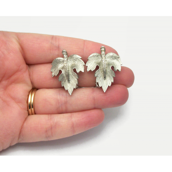 Vintage Silver Tone Leaf Clip on Earrings with Clear Rhinestones Faux Marcasites