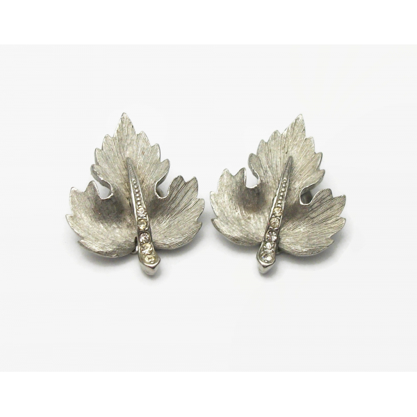 Vintage Silver Leaf Clip on Earrings with Clear Rhinestones Faux Marcasites