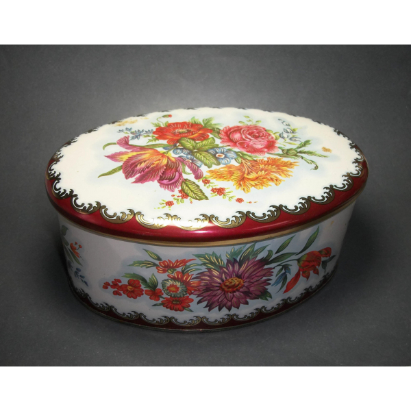 Vintage Daher Oval Tin Made in England 6 inch Long Floral Tin White Red Orange