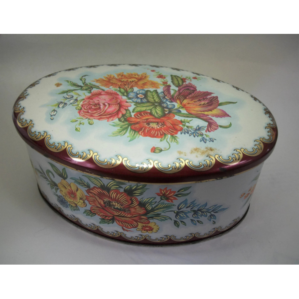 Vintage Daher Oval Tin Made in England 6 inch Long Floral Tin White Red Orange