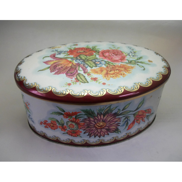 Vintage Daher Oval Tin Made in England 6 inch Long Floral Tin White Red Orange