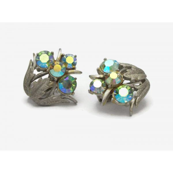 Vintage Signed Coro Textured Silver and Green AB Crystal Floral Clip on Earrings