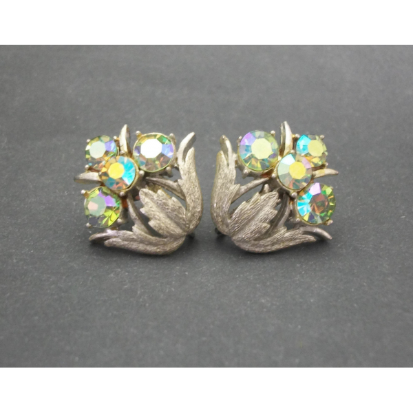 Vintage Signed Coro Textured Silver and Green AB Crystal Floral Clip on Earrings