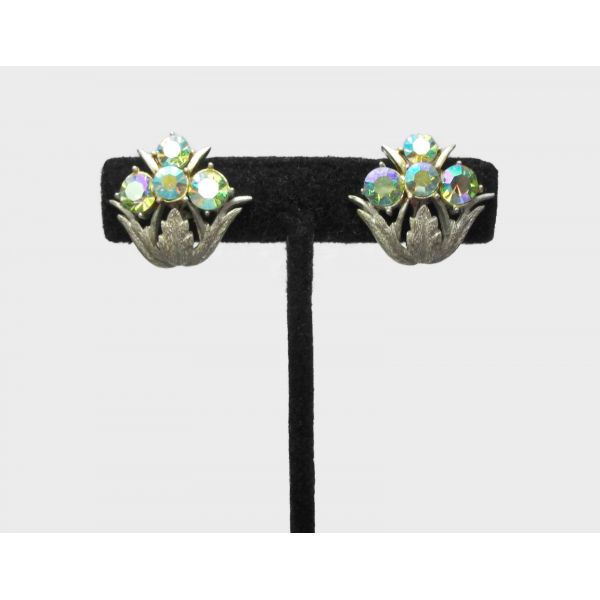Vintage Signed Coro Textured Silver and Green AB Crystal Floral Clip on Earrings
