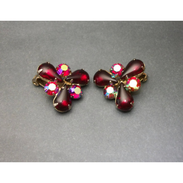 Vintage Signed Weiss Clip on Earrings Deep Red AB Crystals