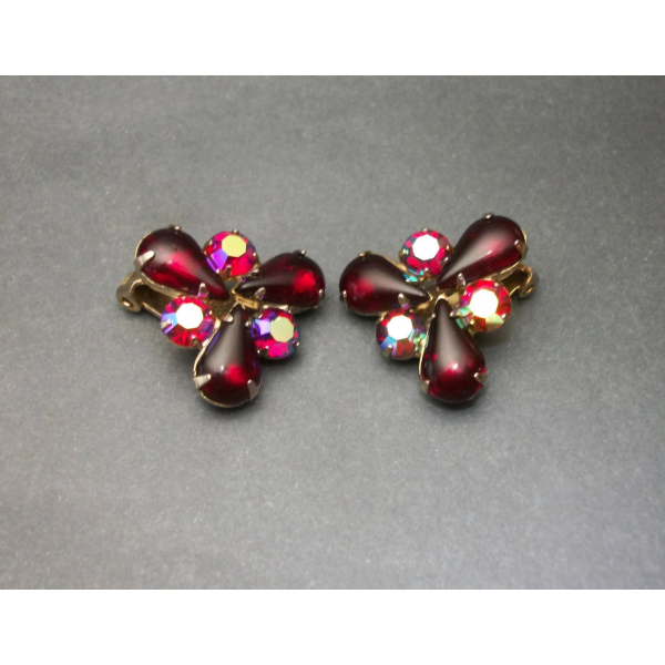Vintage Signed Weiss Deep Red AB Crystals Clip on Earrings
