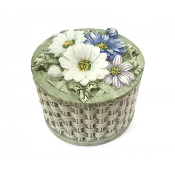 Vintage Flower Basket Trinket Box  Round Resin Floral Keepsake Box with Lid