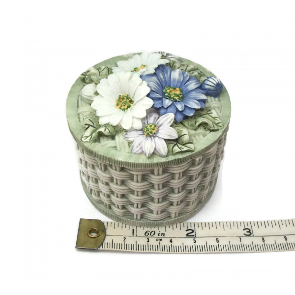 Flower Basket Trinket Box White Blue Green