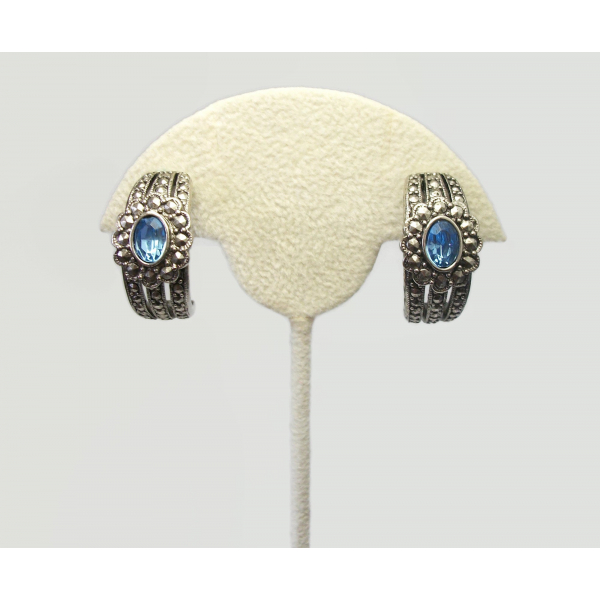 Vintage Avon Silver Faux Marcasite Clip on Earrings Aquamarine Blue