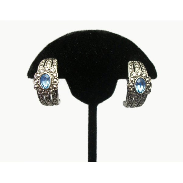 Vintage Avon Silver Faux Marcasite Clip on Earrings Aquamarine Blue