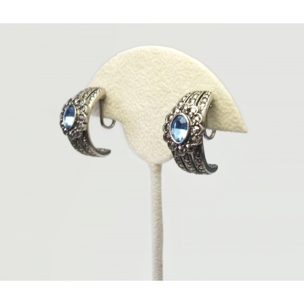 Vintage Avon Silver Faux Marcasite Clip on Earrings Aquamarine Blue