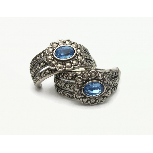Vintage Avon Silver Faux Marcasite Clip on Earrings Aquamarine Blue