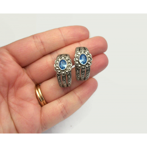 Vintage Avon Silver Faux Marcasite Clip on Earrings Aquamarine Blue