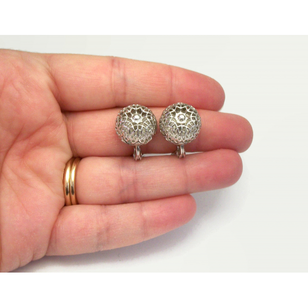 Vintage Monet Silver Tone Filigree Clip on Earrings 1/2 inch Button Earrings