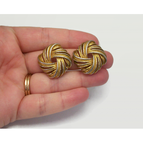 Vintage Silver and Gold Tone Knot Square Clip on Earrings Mixed Metals
