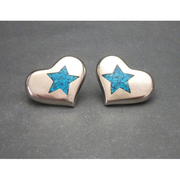 Vintage Trifari Silver Tone Heart Shaped Turquoise Star Inlay Clip on Earrings