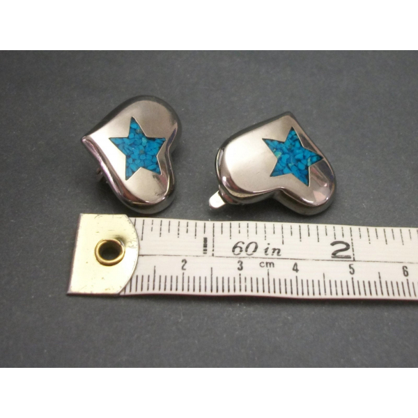 Vintage Trifari Silver Tone Heart Shaped Turquoise Star Inlay Clip on Earrings