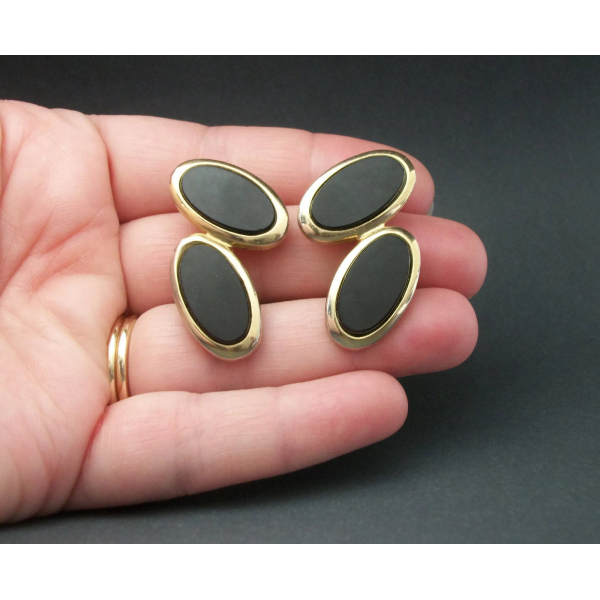 Vintage Black Onyx or Glass and Gold Tone Clip on Earrings Double Oval Geometric
