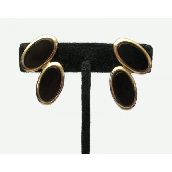 Vintage Black Onyx or Glass and Gold Tone Clip on Earrings Double Oval Geometric