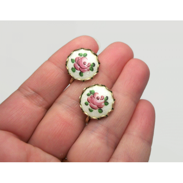 Vintage Guilloche Rose Screw Back Earrings White and Pink Enamel Floral Clip on