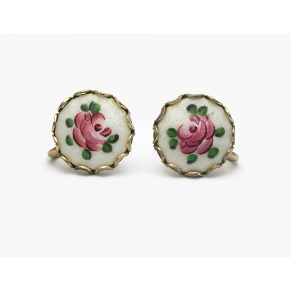 Vintage Guilloche Rose Screw Back Earrings White and Pink Enamel Floral Clip on