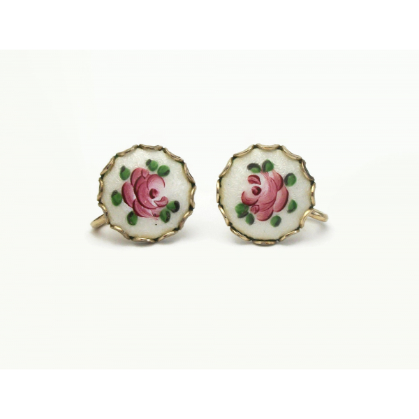Vintage Guilloche Rose Screw Back Earrings White and Pink Enamel Floral Clip on