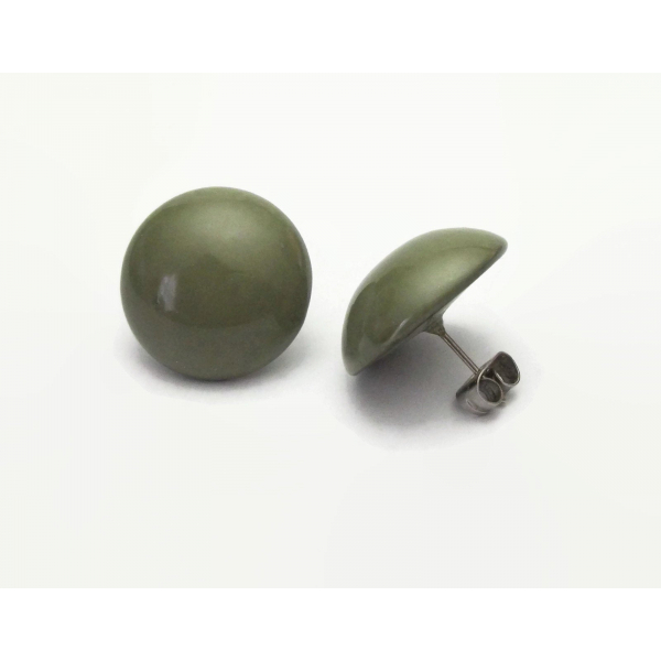 Vintage Olive Green Button Earrings Round Domed Army Green Post Earrings