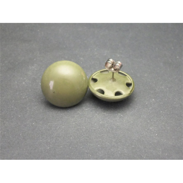 Vintage Olive Green Button Earrings Round Domed Army Green Post Earrings