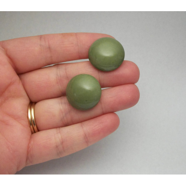 Vintage Olive Green Button Earrings Round Domed Army Green Post Earrings