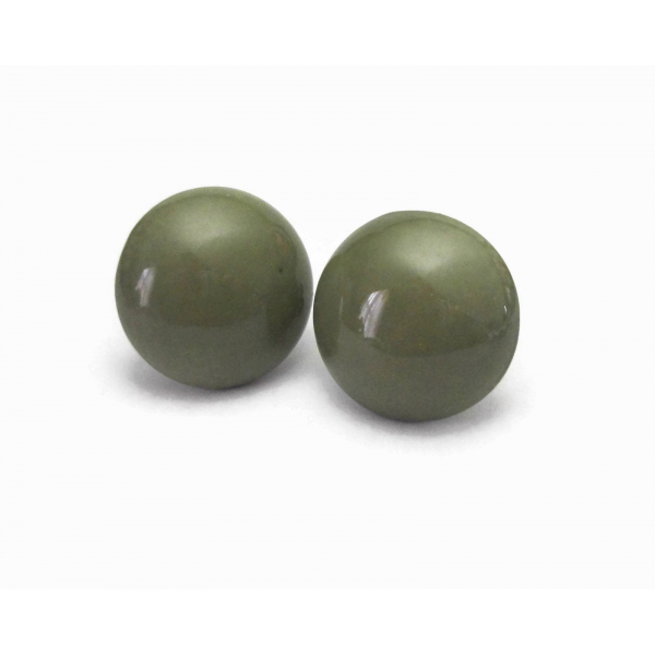 Vintage Olive Green Button Earrings Round Domed Army Green Post Earrings