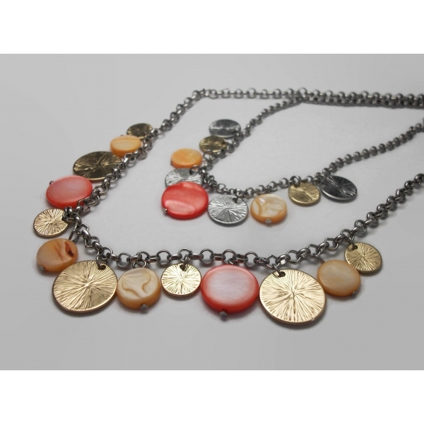 Vintage Red and Peach Mother of Pearl Medallion Silver and Gold Double Strand