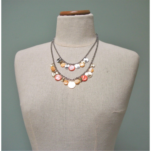 Vintage Red and Peach Mother of Pearl Medallion Silver and Gold Double Strand