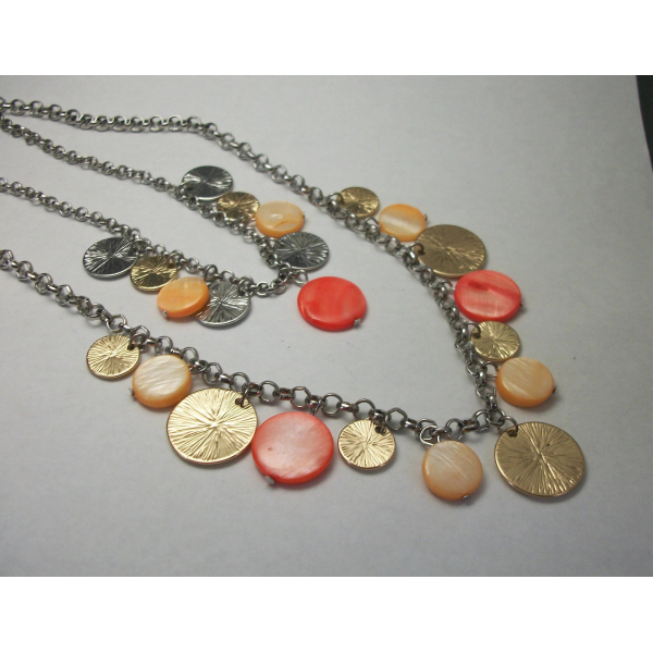 Vintage Red and Peach Mother of Pearl Medallion Silver and Gold Double Strand
