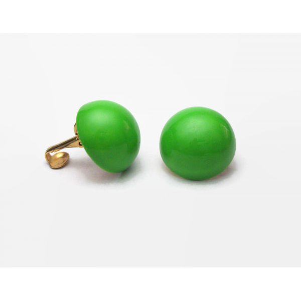 Vintage Spring Green Enamel Button Clip on Earrings Domed Round 13/16 inch