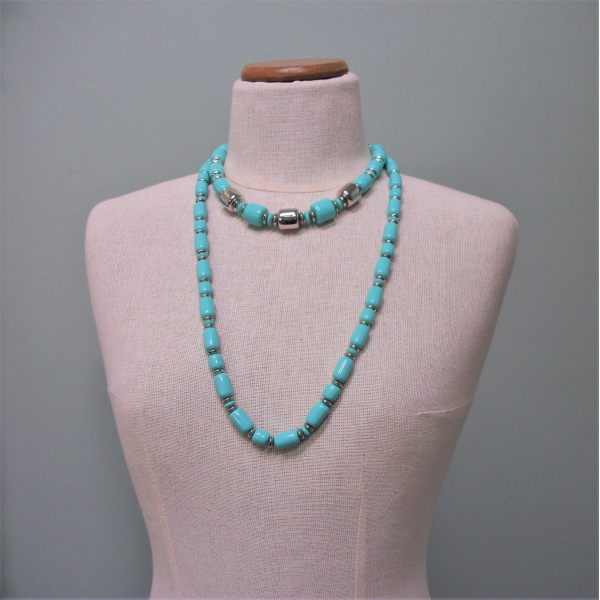 Vintage Set of Two Chunky Aqua Turquoise Blue & Silver Beaded Layering Necklaces