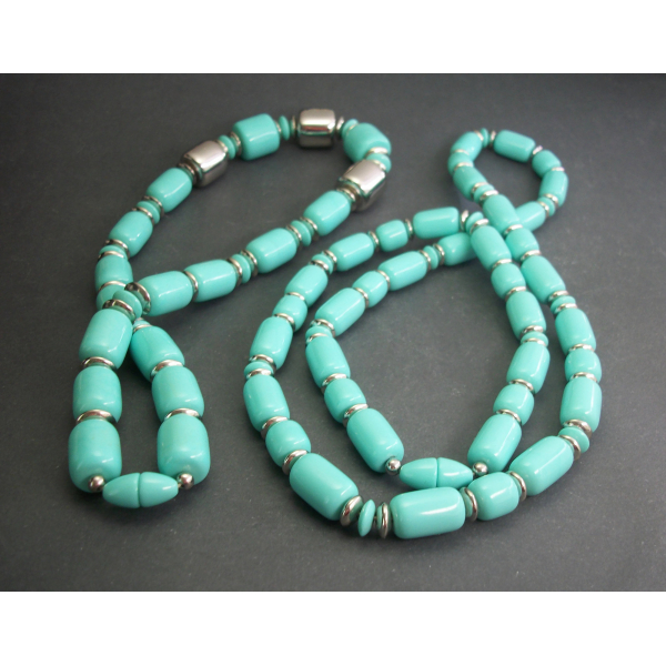 Vintage Set of Two Chunky Aqua Turquoise Blue & Silver Beaded Layering Necklaces