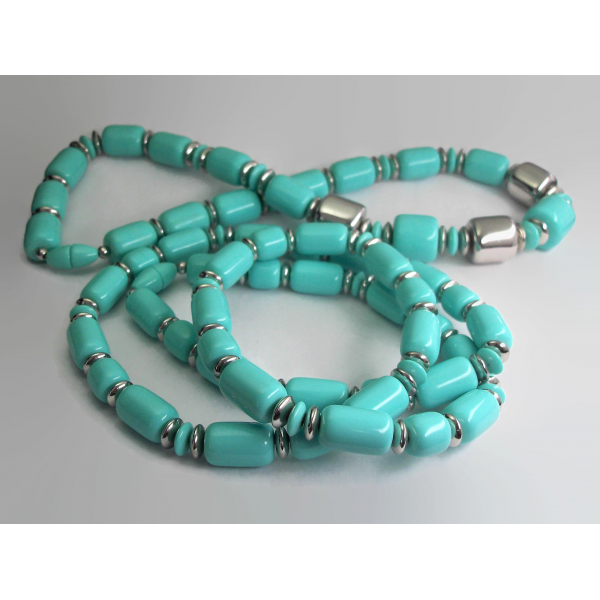 Vintage Set of Two Chunky Aqua Turquoise Blue & Silver Beaded Layering Necklaces