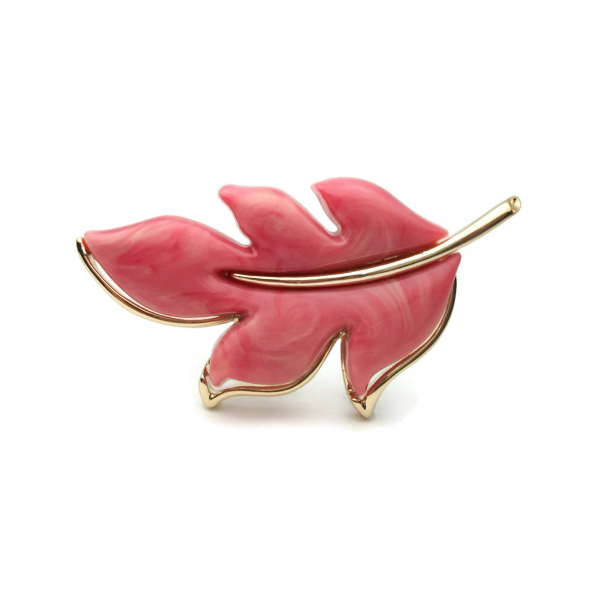 Vintage 1970s Sarah Coventry Leaf Brooch Pink Swirl Lucite and Gold Tone 1974