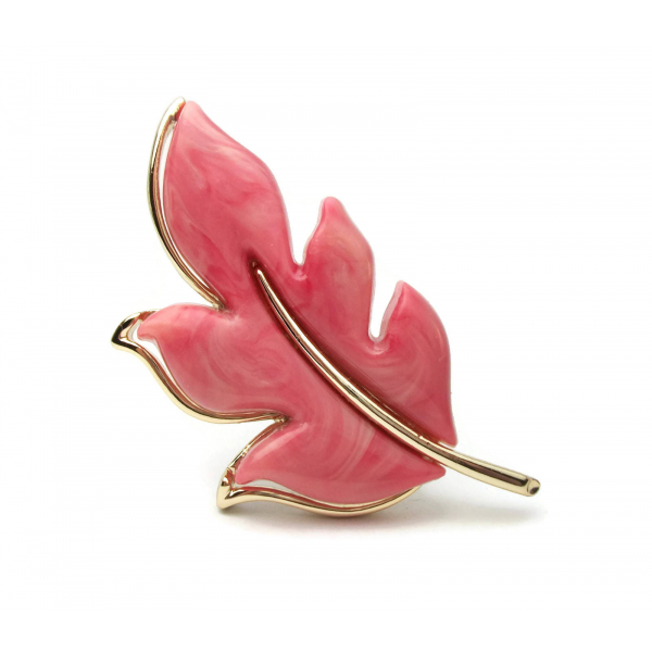 Vintage 1970s Sarah Coventry Leaf Brooch Pink Swirl Lucite and Gold Tone 1974