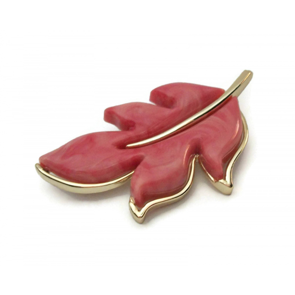Vintage 1970s Sarah Coventry Leaf Brooch Pink Swirl Lucite and Gold 1974 Autumn