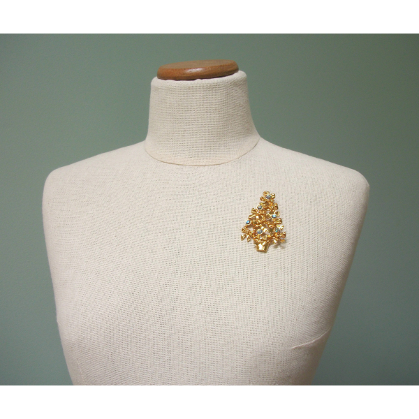 Vintage 1990s Avon Christmas Tree Brooch Gold with Blue AB Rhinestone Accents