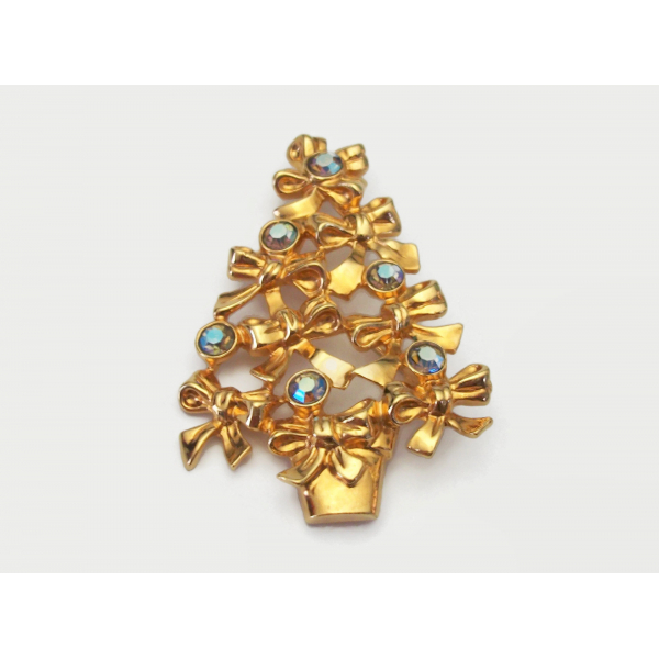 Vintage 1990s Avon Christmas Tree Brooch Gold with Blue AB Rhinestone Accents