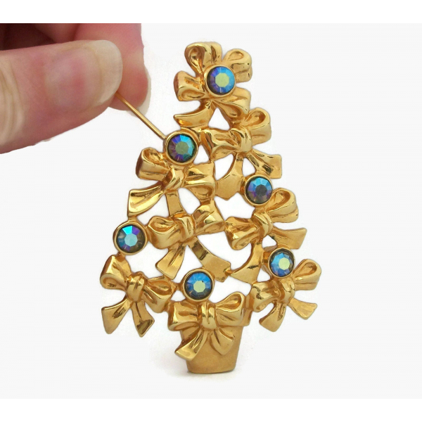 Vintage 1990s Avon Christmas Tree Brooch Gold with Blue AB Rhinestone Accents