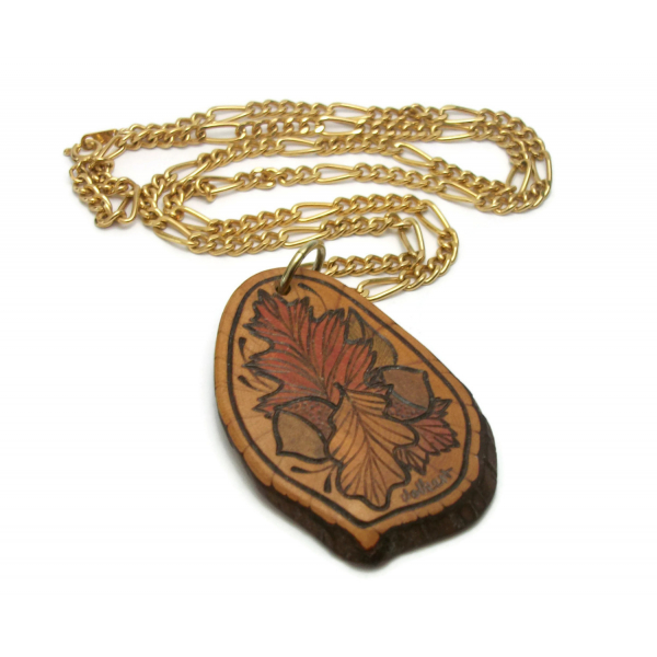 Vintage Wood Burned Pendant Necklace Autumn Leaves and Acorns Wooden Hand Etched