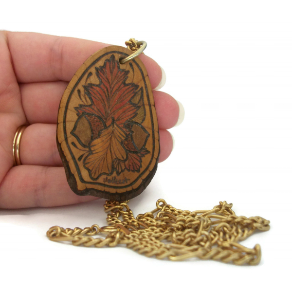 Vintage Wood Burned Pendant Necklace Autumn Leaves and Acorns Wooden Hand Etched