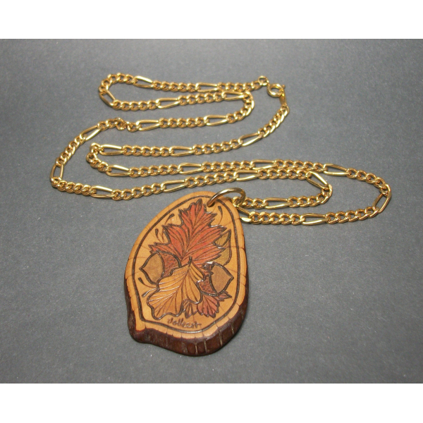 Vintage Wood Burned Pendant Necklace Autumn Leaves and Acorns Hand Etched 24 in
