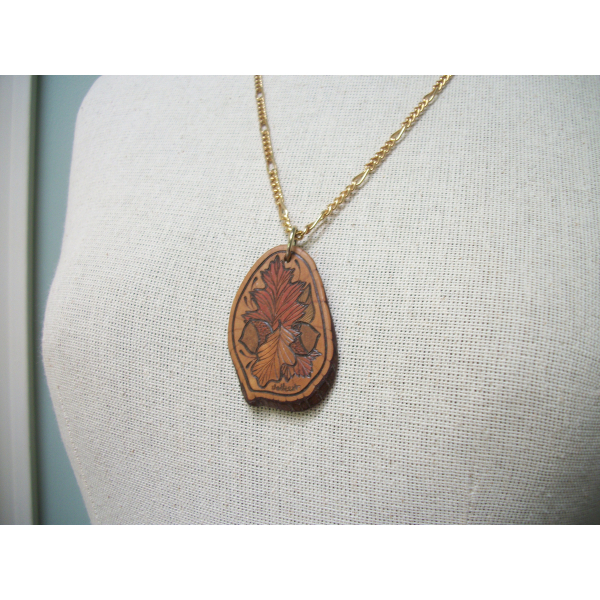 Vintage Wood Burned Pendant Necklace Autumn Leaves and Acorns Wooden Hand Etched