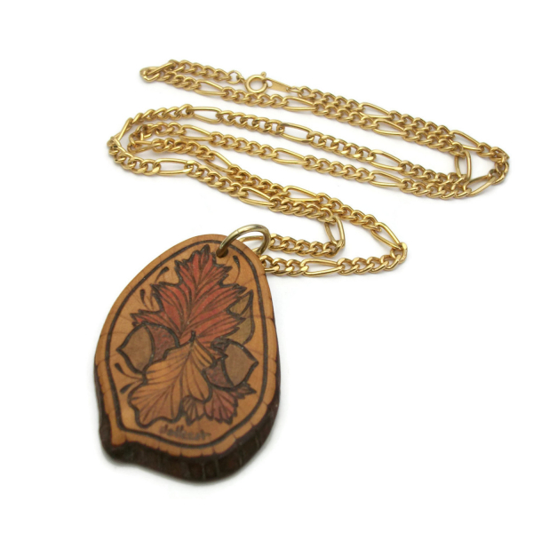 Vintage Wood Burned Pendant Necklace Autumn Leaves and Acorns Wooden Hand Etched