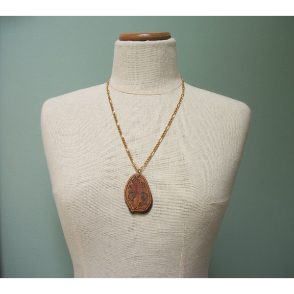 Vintage Wood Burned Pendant Necklace Autumn Leaves and Acorns 24 inch