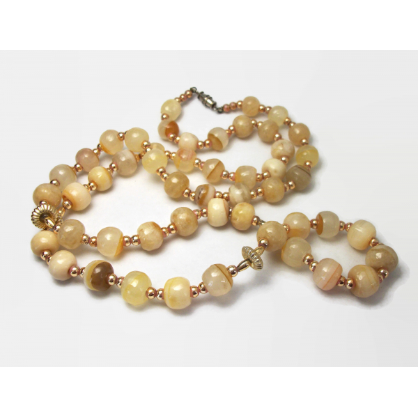 Vintage Tan and Cream Glass Bead Necklace 30 inches Long Beaded Necklace